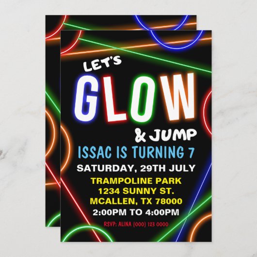 Glow and Jump Birthday Invitation Kaart (Voorkant / Achterkant)