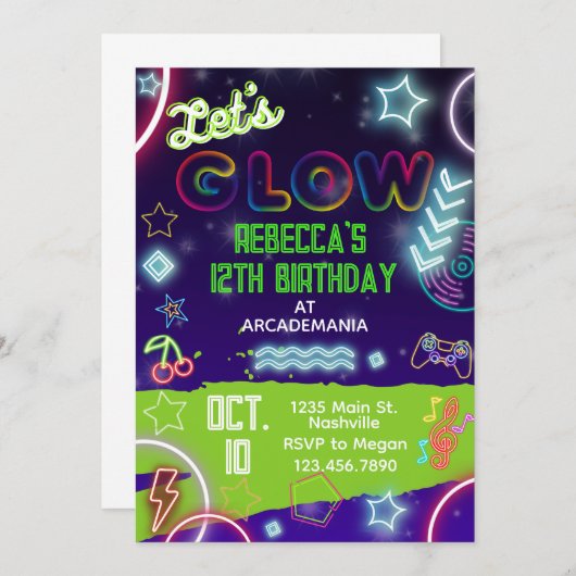 GLOW Birthday Gaming Arcade Party Glow Neon Tiedye Kaart (Voorkant / Achterkant)