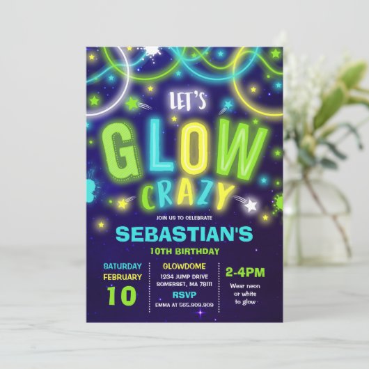 Glow Birthday Invitation Neon Glow Dance Party Kaart (Staand voorkant)