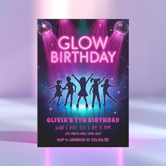 Glow Birthday Invitation | Neon Lights Dance Party Kaart