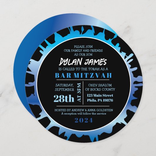 GLOW Blue Splash Bar Bat Mitzvah Uitnodiging (Voorkant / Achterkant)