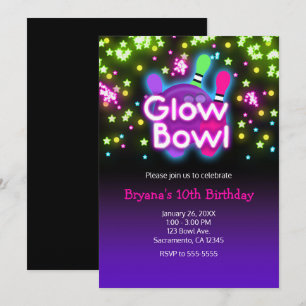 Glow Bowl Bowling Neon Stars Verjaardagsfeestje Kaart