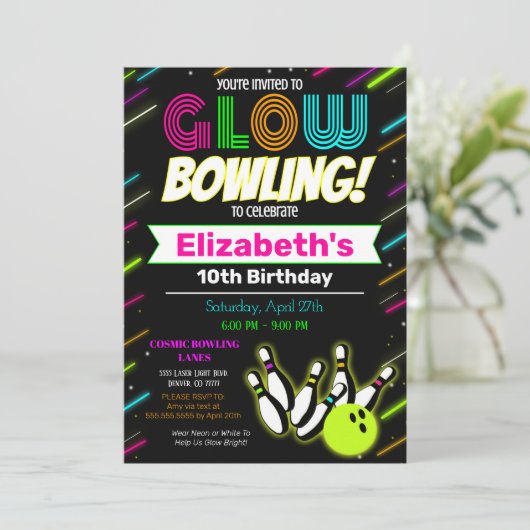 Glow Bowling Birthday Uitnodiging (Staand voorkant)