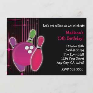 Glow Bowling Bowl Girls Birthday Party Uitnodiging
