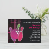 Glow Bowling Bowl Girls Verjaardagsfeestje Uitnodi Kaart (Staand voorkant)