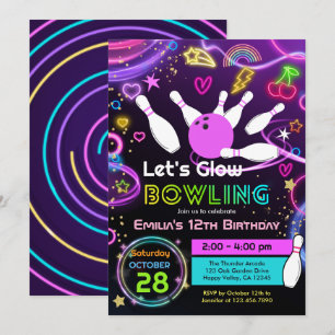 Glow Bowling Meisje Verjaardagsfeest Neon Roze Kaart