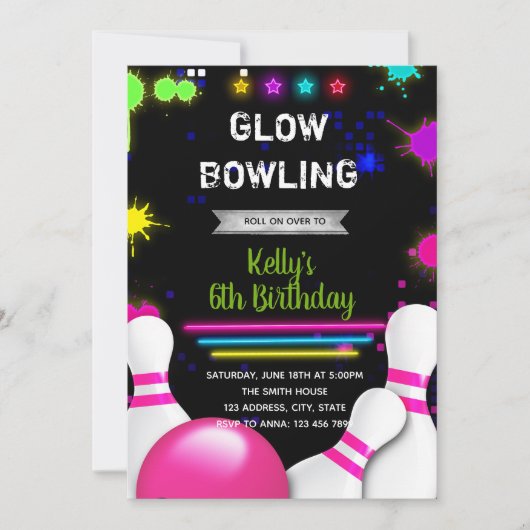 Glow bowling party-uitnodiging kaart (Voorkant)