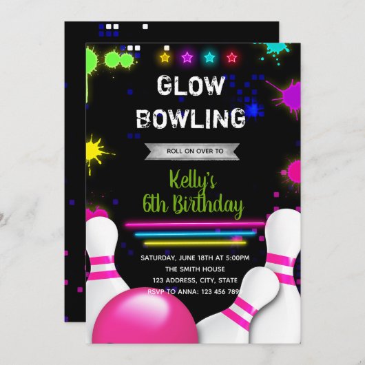 Glow bowling party-uitnodiging kaart (Voorkant / Achterkant)