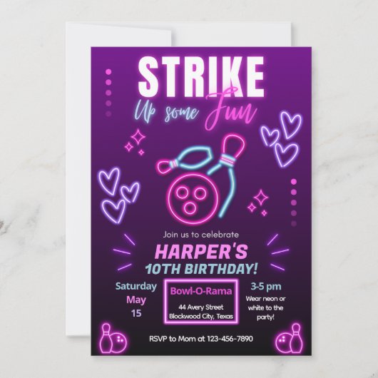 Glow Bowling Party Uitnodiging voor verjaardagsfee (Voorkant)