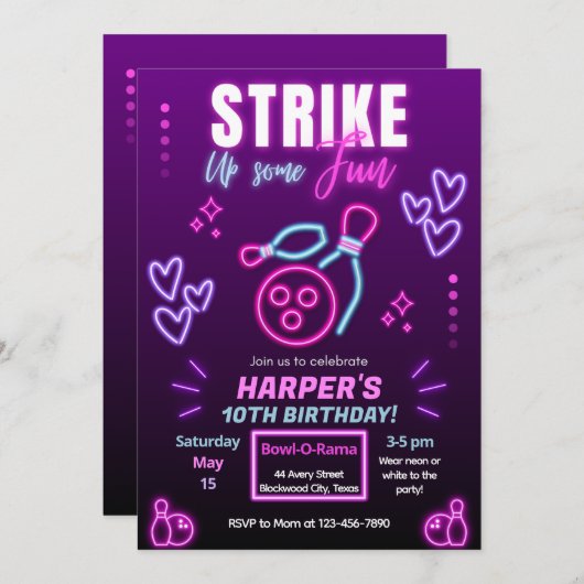 Glow Bowling Party Uitnodiging voor verjaardagsfee (Voorkant / Achterkant)