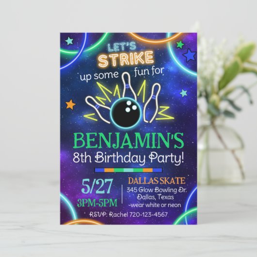 Glow Bowling Uitnodiging, Glow Bowling Birthday IV Kaart (Staand voorkant)
