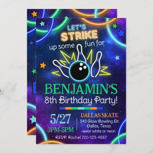 Glow Bowling Uitnodiging, Glow Bowling Birthday IV Kaart (Voorkant / Achterkant)