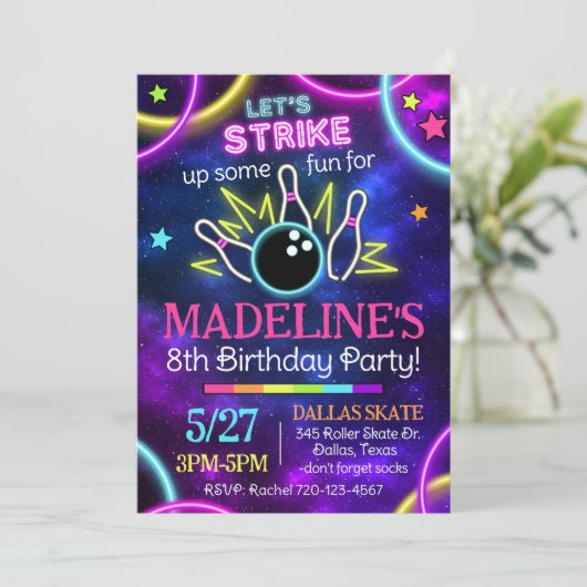 Glow Bowling Uitnodiging, Glow Bowling Birthday Kaart (Staand voorkant)