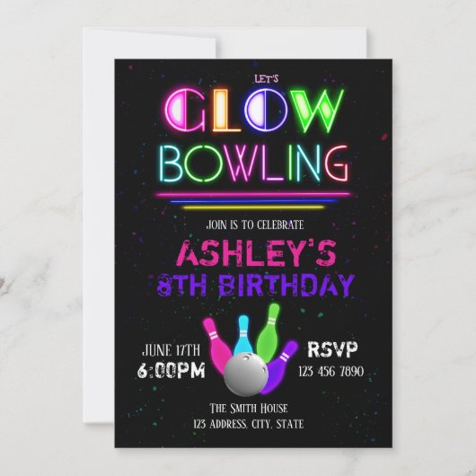 Glow bowling-uitnodiging kaart (Voorkant)