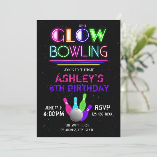 Glow bowling-uitnodiging kaart (Staand voorkant)