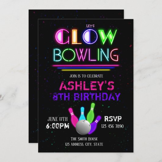 Glow bowling-uitnodiging kaart (Voorkant / Achterkant)