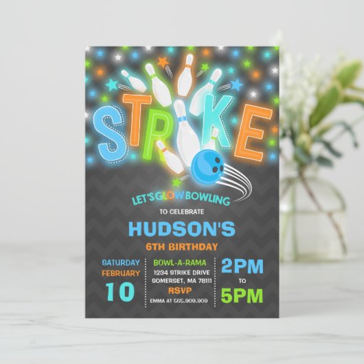 Glow Bowling Uitnodiging Neon Glow Bowling Party (Staand voorkant)