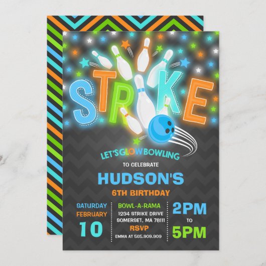 Glow Bowling Uitnodiging Neon Glow Bowling Party (Voorkant / Achterkant)