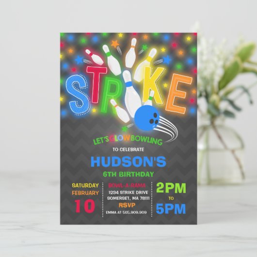 Glow Bowling Uitnodiging Neon Glow Bowling Party (Staand voorkant)