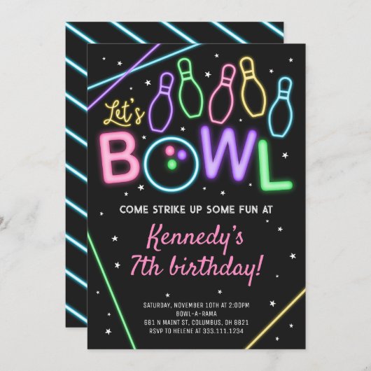 Glow Bowling Verjaardagsfeest Uitnodiging Neon Kle (Voorkant / Achterkant)