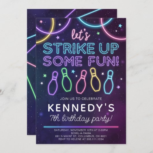 Glow Bowling verjaardagsfeestje uitnodiging leuke  (Voorkant / Achterkant)
