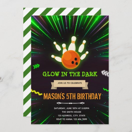 Glow bowling verjaardagsuitnodiging kaart (Voorkant / Achterkant)