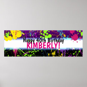 Glow-feest verfspatten neon verjaardagsbanner poster