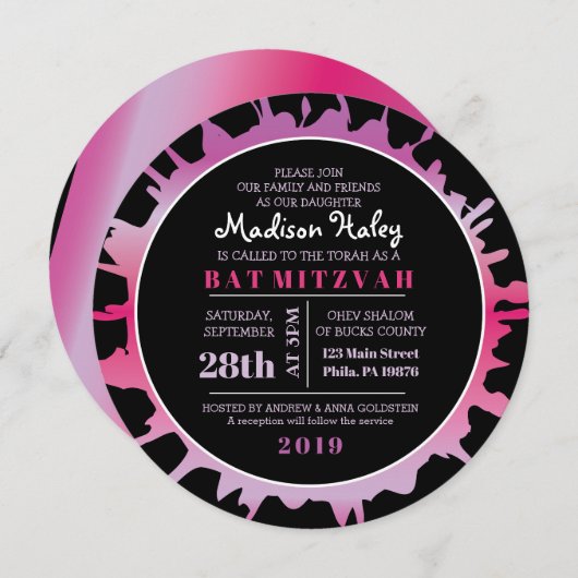 GLOW Fuchsia Splash Bar Bat Mitzvah Uitnodiging (Voorkant / Achterkant)