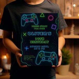 Glow Gaming Party – Neon Videospel Verjaardag Kaart