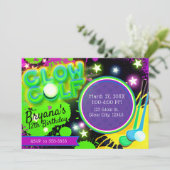 Glow Golf Verjaardagsfeest Gloeiende Sterren Paars Kaart (Staand voorkant)