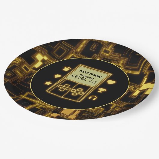 Glow handheld console in geel papieren bordje (Gekanteld)