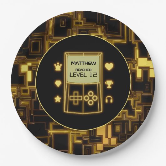 Glow handheld console in geel papieren bordje (Voorkant)