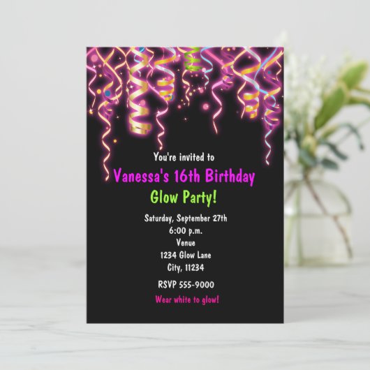 Glow in Dark Birthday Party Streamers Uitnodiging (Staand voorkant)