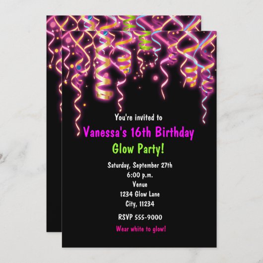 Glow in Dark Birthday Party Streamers Uitnodiging (Voorkant / Achterkant)