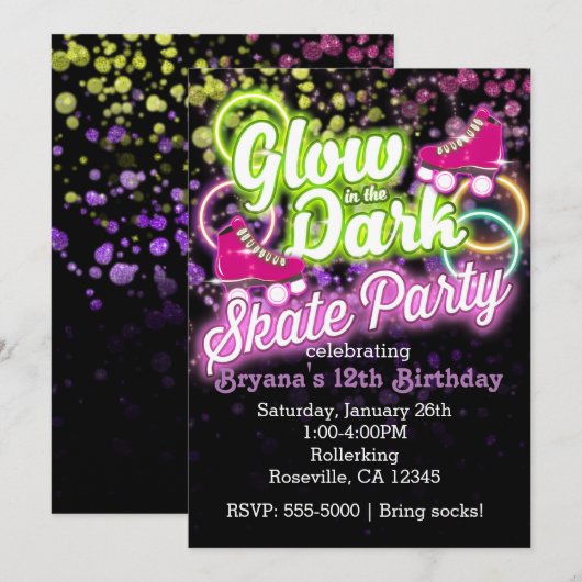 GLOW in het donkere SCHAATS de Uitnodiging van de  (Voorkant / Achterkant)