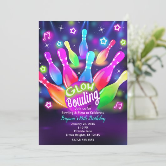 Glow in the Dark Bowling Bowl Verjaardagsfeest Kaart (Staand voorkant)