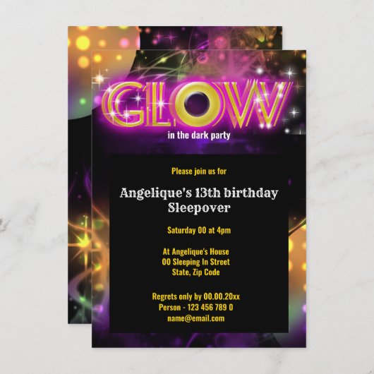 Glow in the dark kinder glow party kaart (Voorkant / Achterkant)