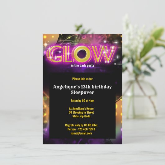 Glow in the dark kinder glow party kaart (Staand voorkant)