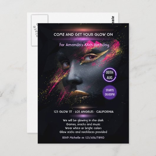 Glow in the Dark Neon Feest Uitnodiging (Voorkant / Achterkant)