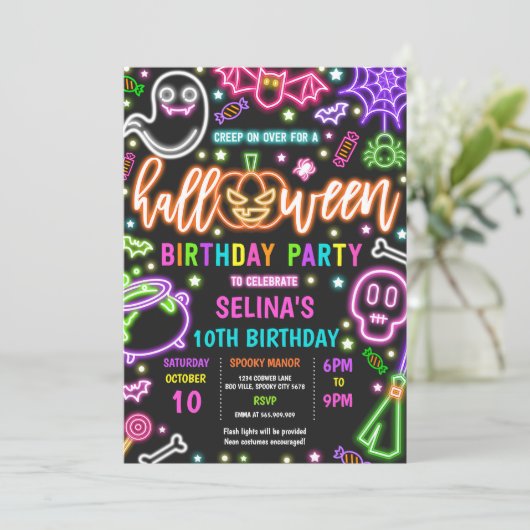 Glow In The Dark Neon Halloween Verjaardagsfeest Kaart (Staand voorkant)