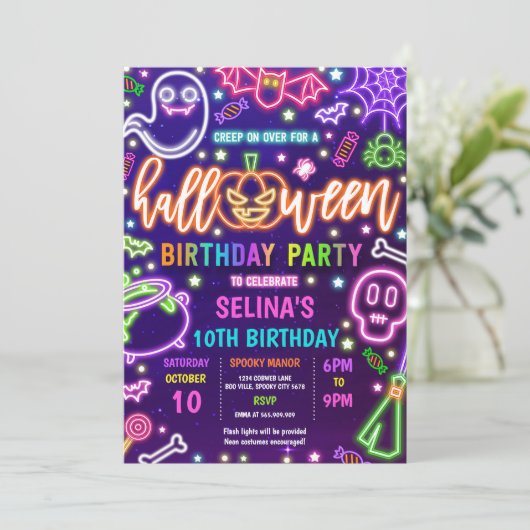 Glow In The Dark Neon Halloween Verjaardagsfeest Kaart (Staand voorkant)