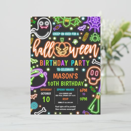 Glow In The Dark Neon Halloween Verjaardagsfeest Kaart (Staand voorkant)