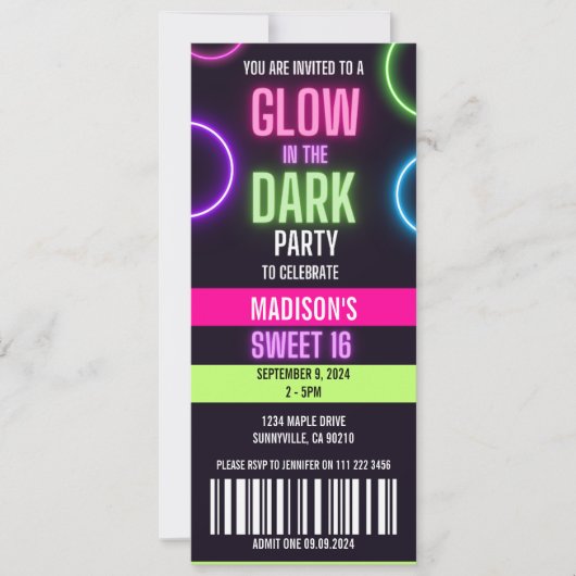 Glow In The Dark Neon Sweet 16 Party Ticket Kaart (Voorkant)