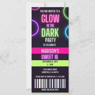 Glow In The Dark Neon Sweet 16 Party Ticket Kaart