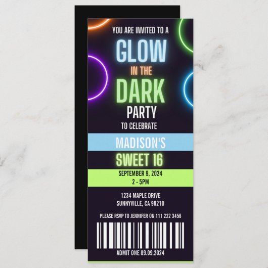 Glow In The Dark Neon Sweet 16 Party Ticket Kaart (Voorkant / Achterkant)
