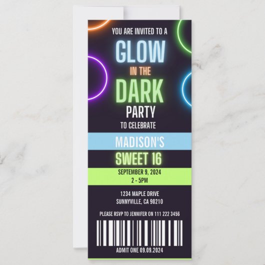 Glow In The Dark Neon Sweet 16 Party Ticket Kaart (Voorkant)