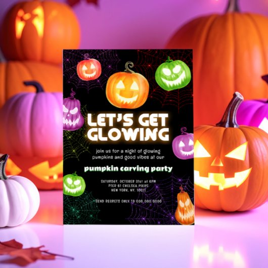 Glow in the dark neon themed Pumpkin Carving Party Kaart