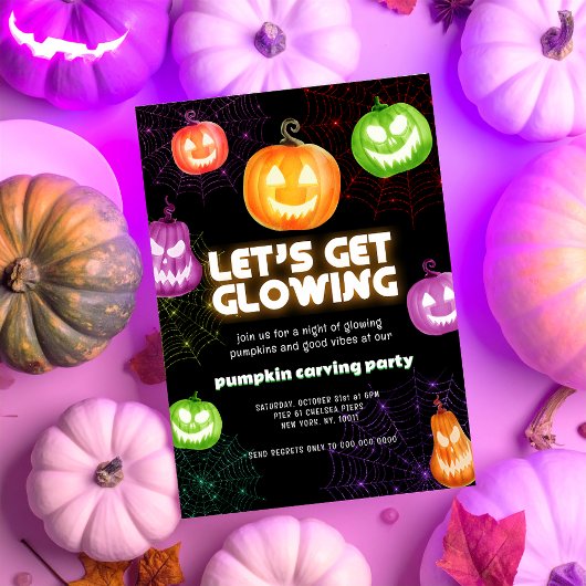 Glow in the dark neon themed Pumpkin Carving Party Kaart