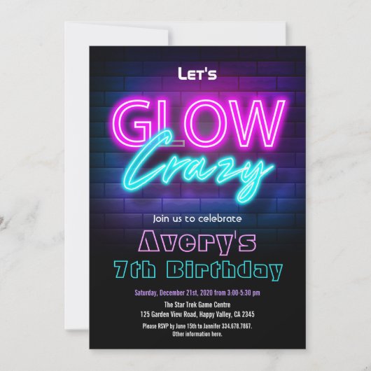 Glow In The Dark Pink Birthday Party Invitation Kaart (Voorkant)