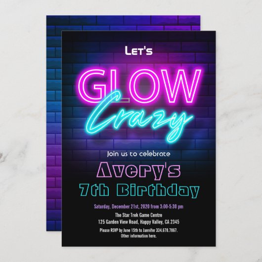 Glow In The Dark Pink Birthday Party Invitation Kaart (Voorkant / Achterkant)